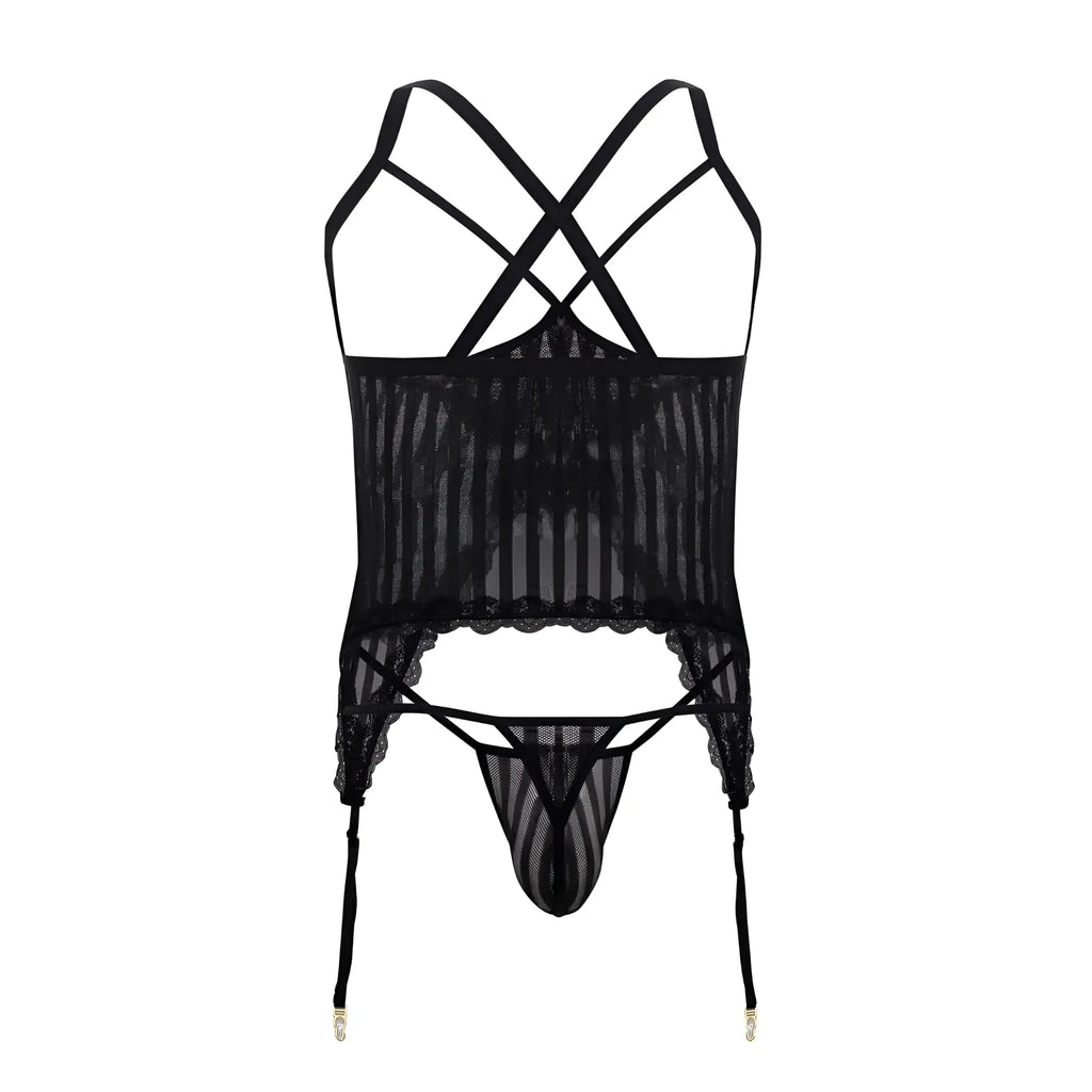 Black sheer mesh two piece lingerie set with lace trim and crisscross straps candyMan 99654X front view