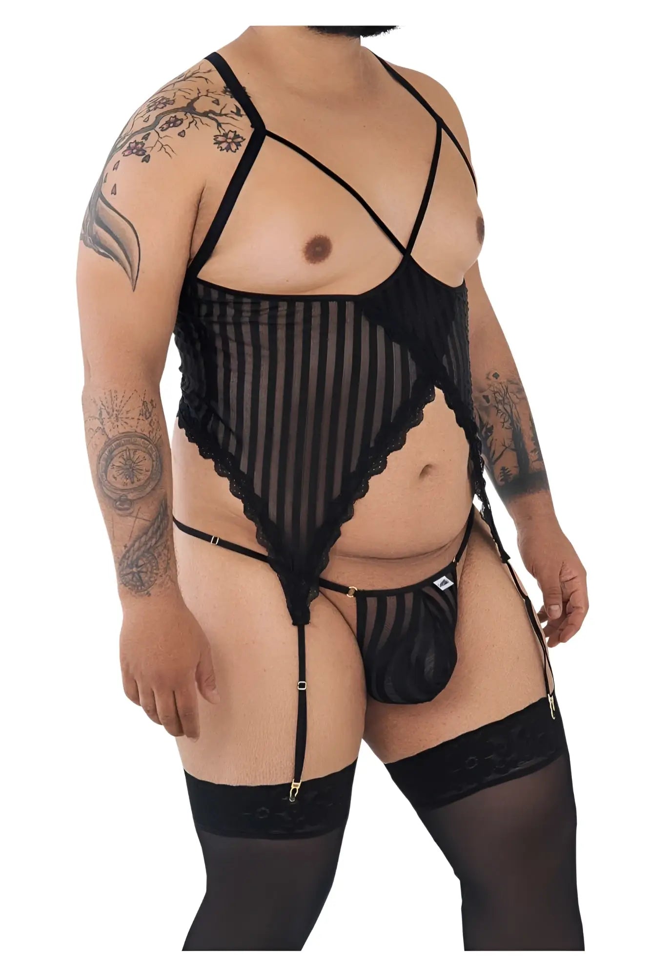 Black sheer striped mesh bodysuit with lace trim and garter belt from Candyman 99654X two piece set