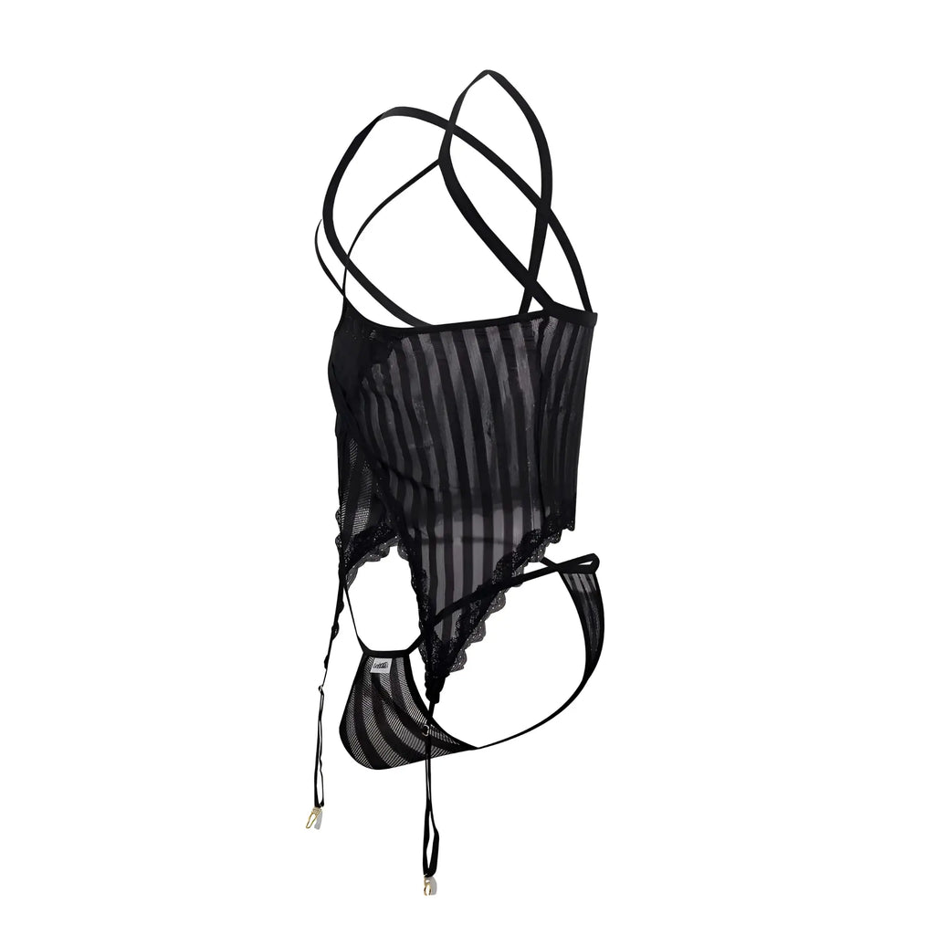 CandyMan 99654X black sheer striped mesh two piece lingerie set with lace trim and adjustable straps