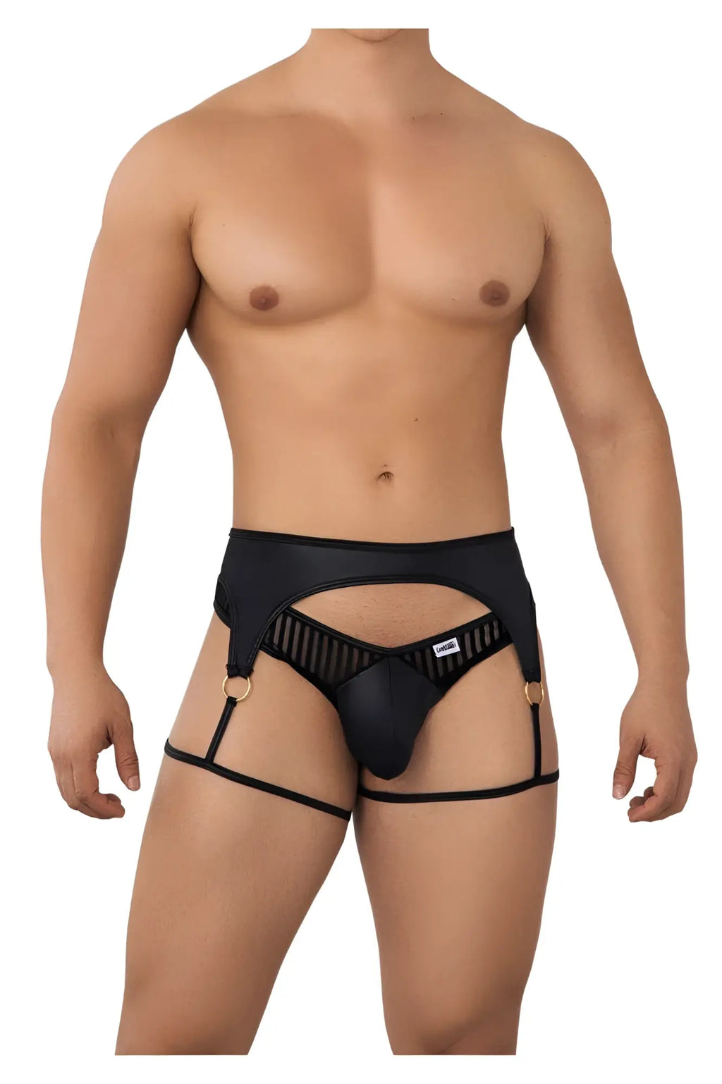 Black leather-like candy man 99655 garter thongs with gold metal rings and mesh panel design front view