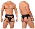 Black leather-like harness-style CandyMan 99655 garter thongs with mesh panels and gold-tone metal rings
