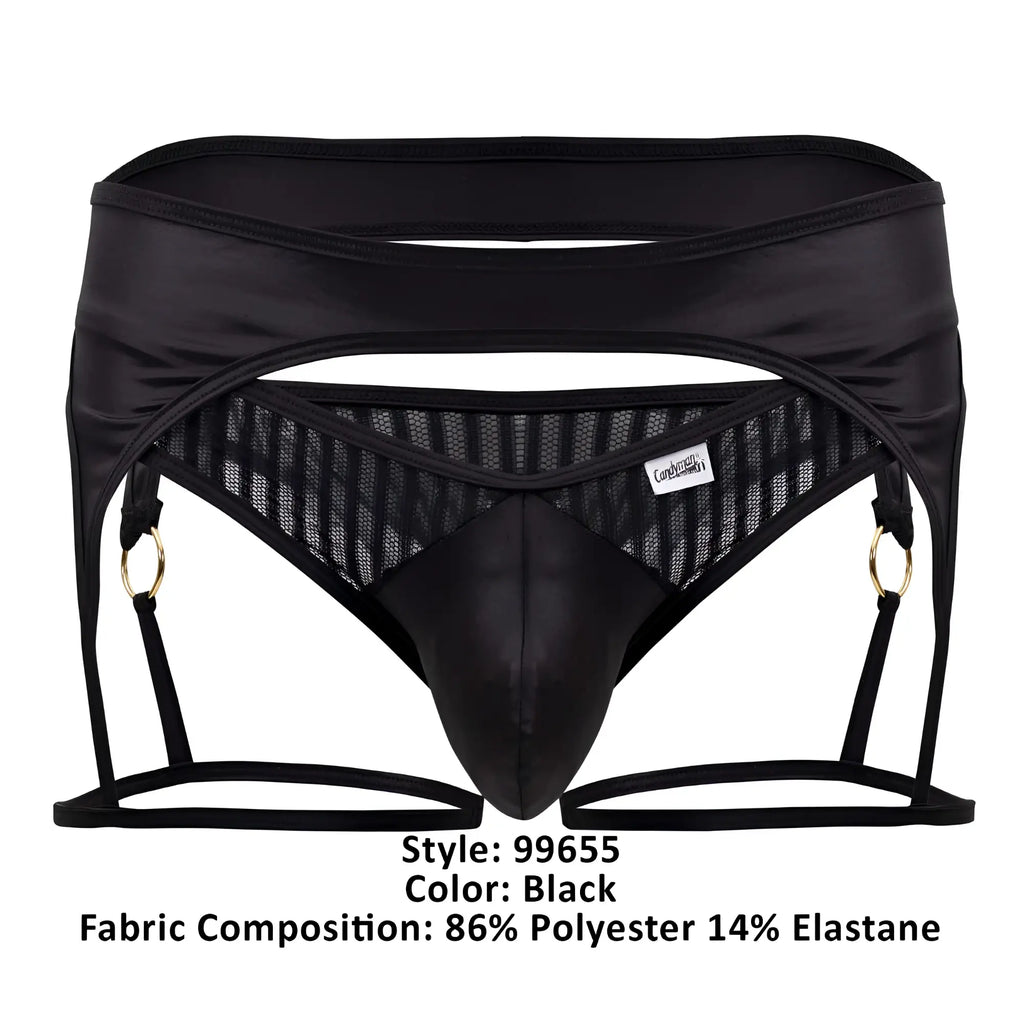 Black men’s CandyMan 99655 garter thongs in black satin and mesh with gold tone rings showing the back side