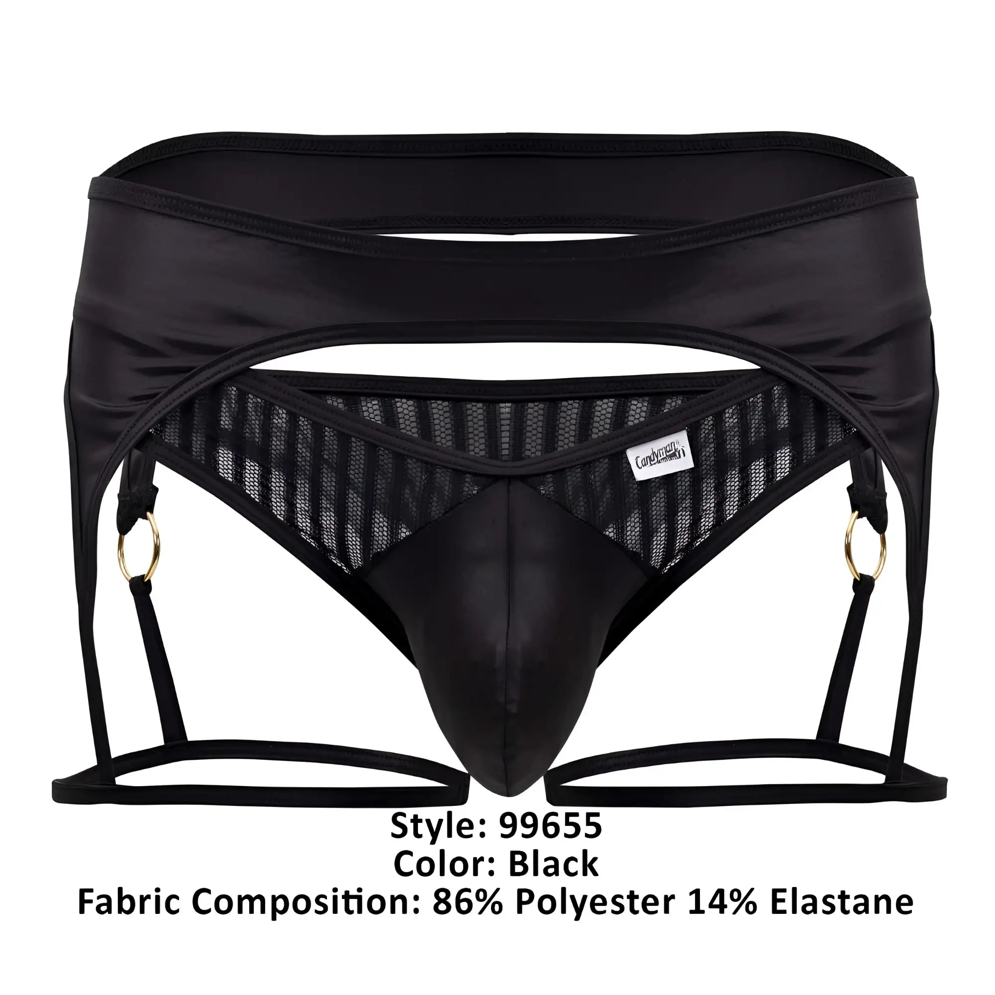 Black men’s CandyMan 99655 garter thongs in black satin and mesh with gold tone rings showing the back side