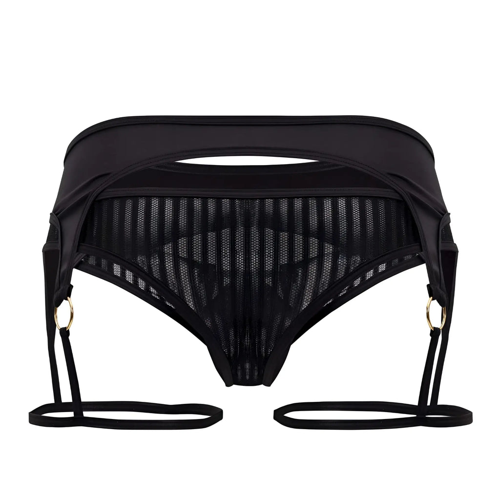 Black mesh candyMan 99655 garter thong with adjustable straps and gold-toned rings showing front side