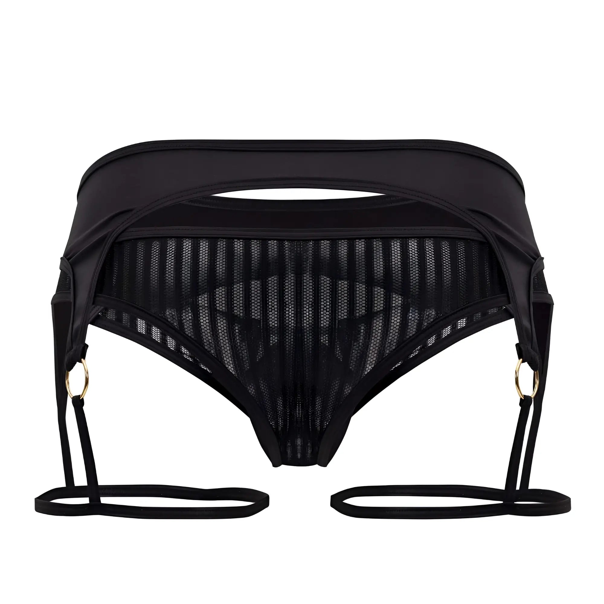 Black mesh candyMan 99655 garter thong with adjustable straps and gold-toned rings showing front side