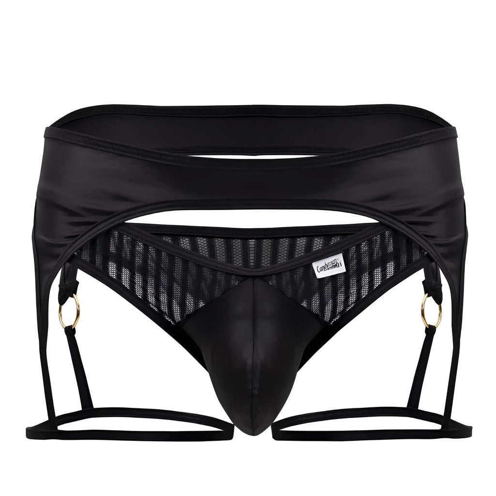 Black satin candy man 99655 garter thongs with mesh panels and gold-toned grommets by candal