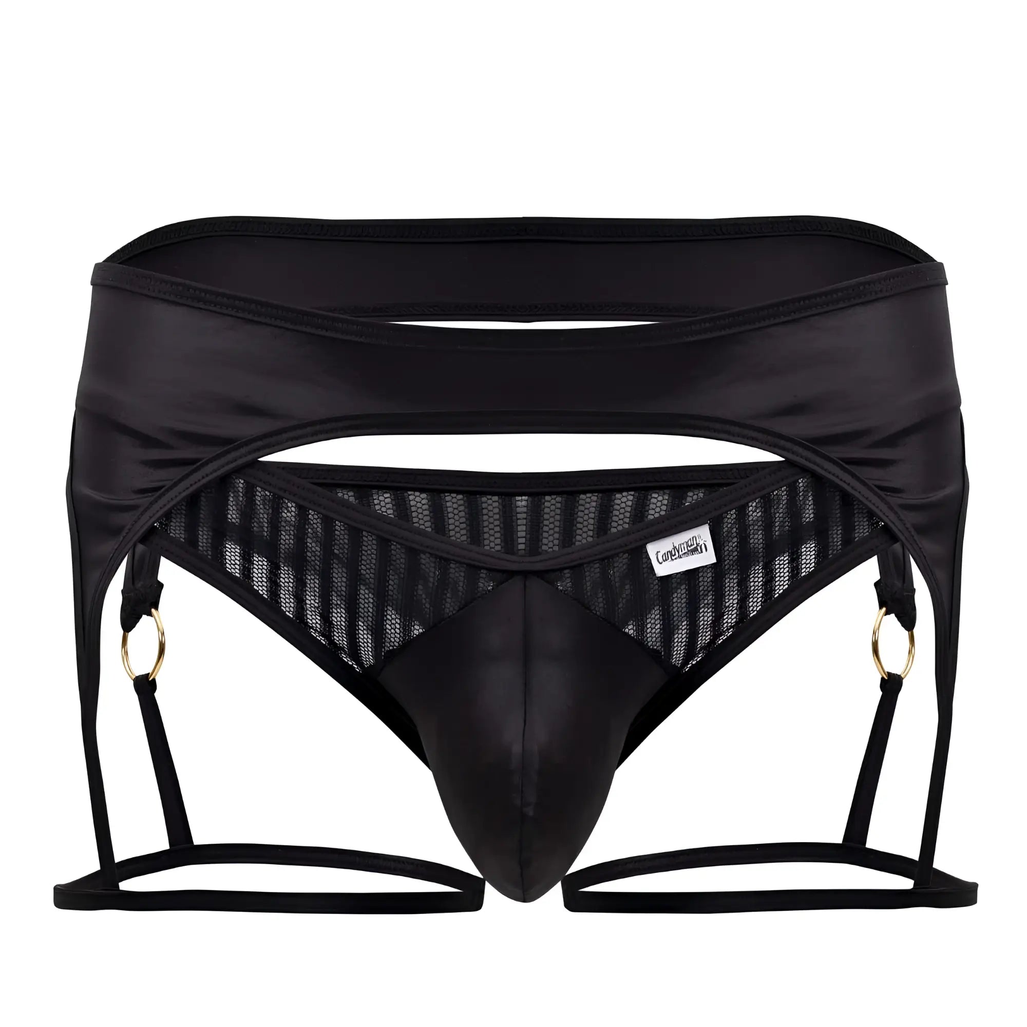 Black satin candy man 99655 garter thongs with mesh panels and gold-toned grommets by candal
