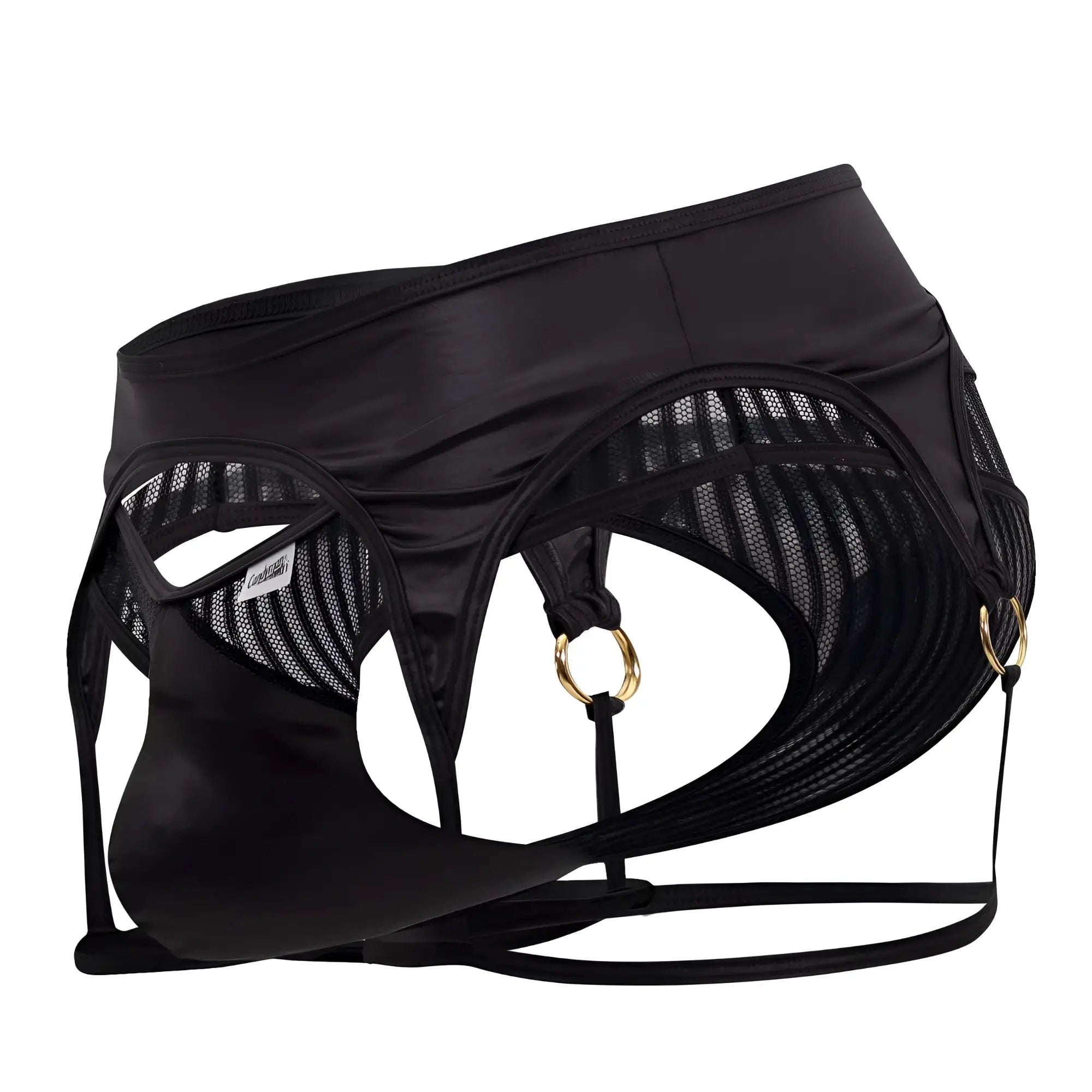 CandyMan 99655 black satin and mesh men’s harness briefs with gold-tone metal rings shown from the back side