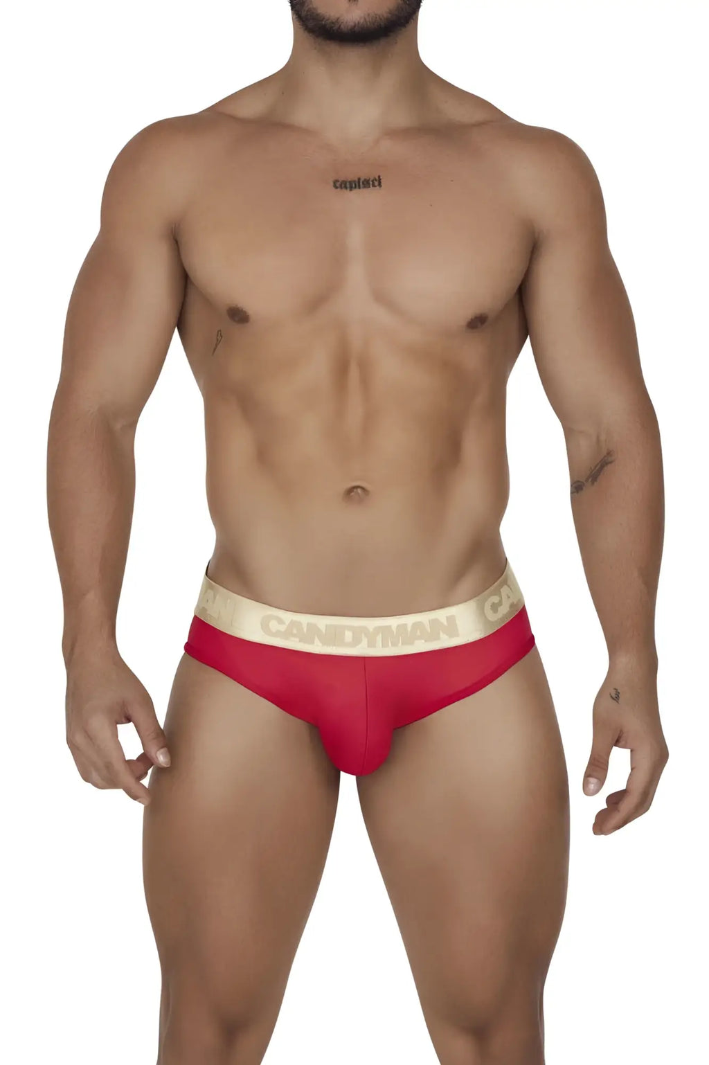 Red candyman 99659 jock briefs with beige elastic waistband and black candyman logo for comfortable support