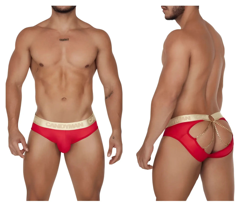 Back view of candyMan 99659 red jock briefs with gold waistband and decorative chain detailing by candyMan