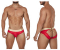 Back view of candyMan 99659 red jock briefs with gold waistband and decorative chain detailing by candyMan