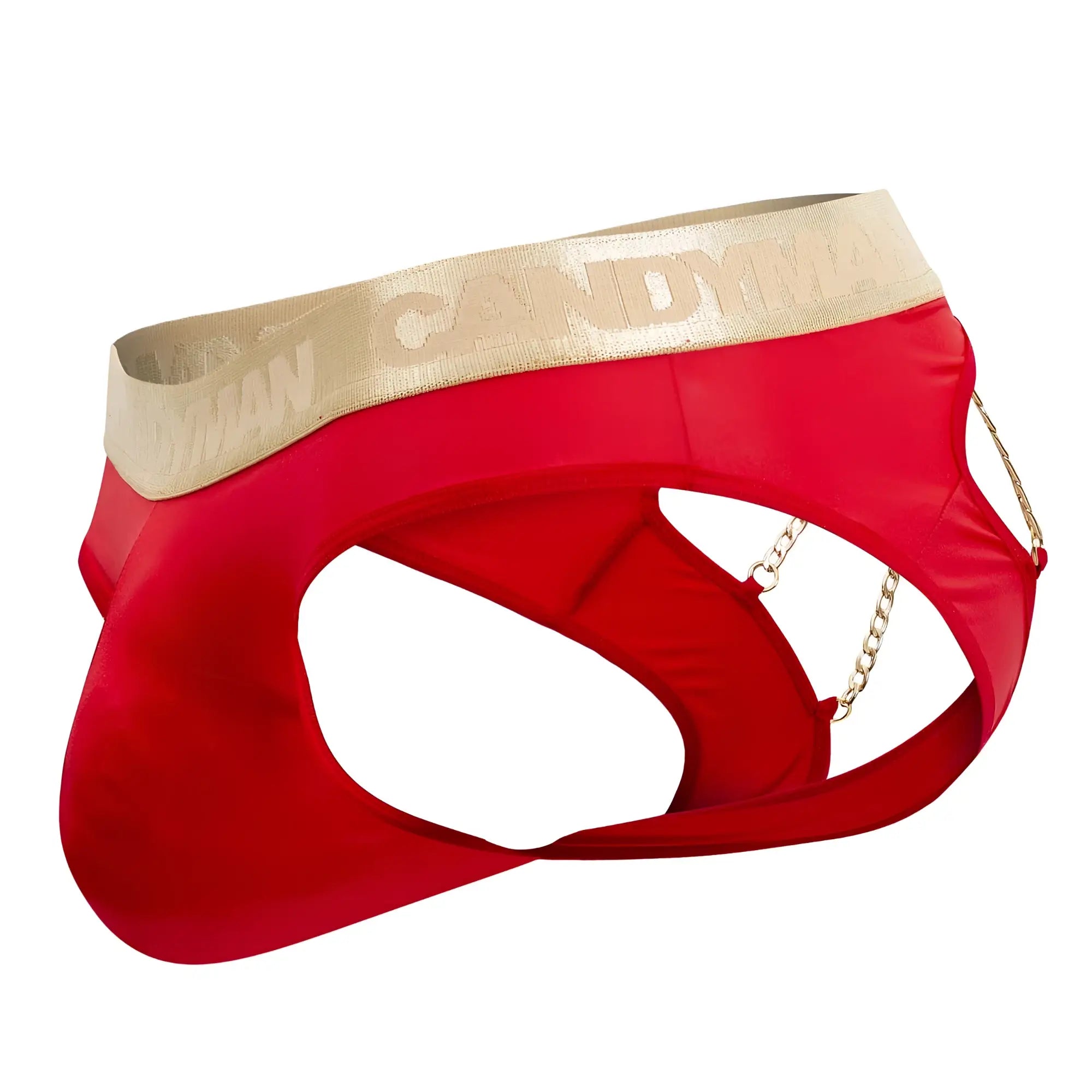 CandyMan 99659 red jock briefs with gold waistband and decorative chain detailing for bold underwear style