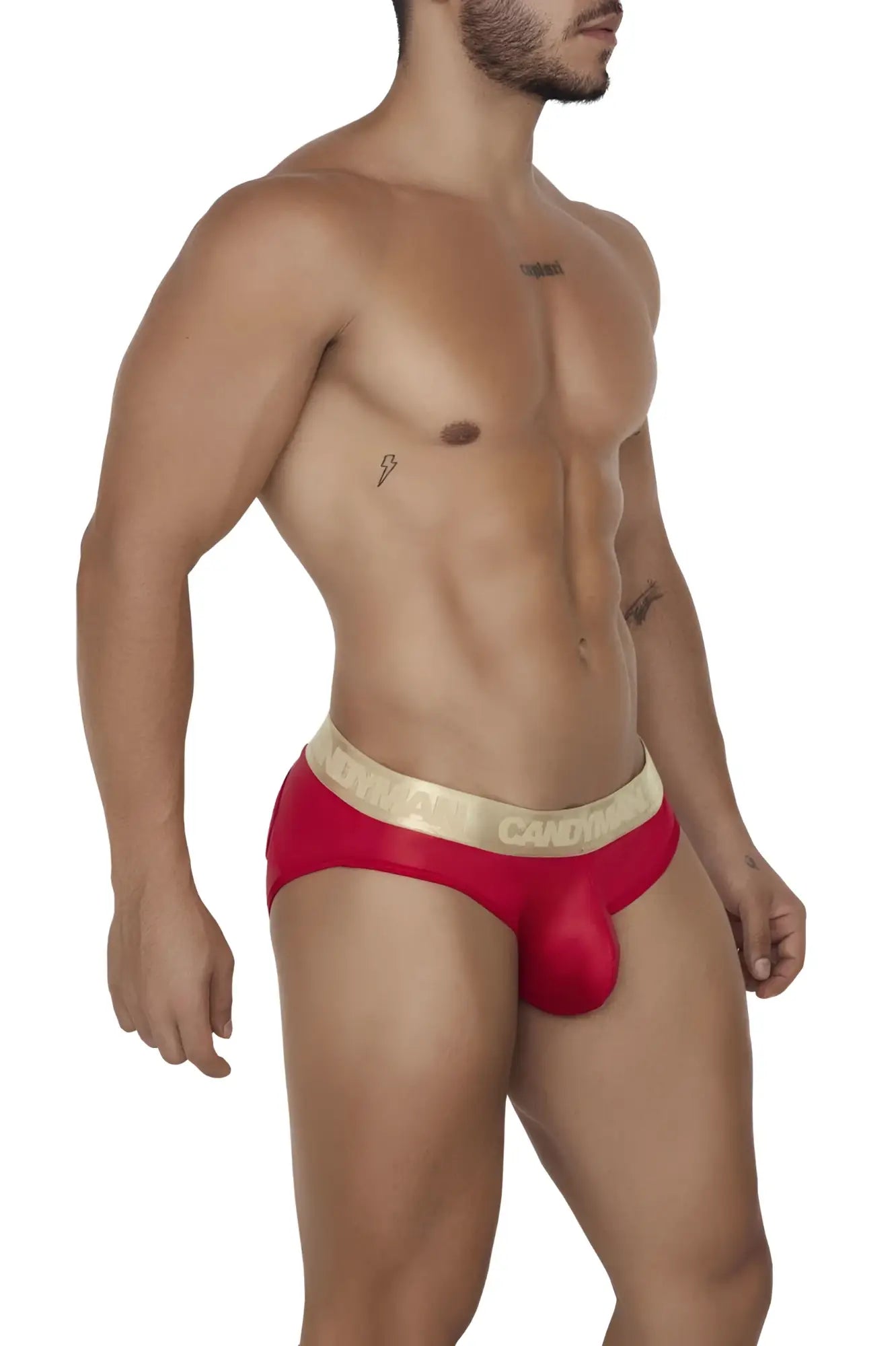 Red CandyMan 99659 jock briefs with a gold waistband featuring clover branding in black lettering
