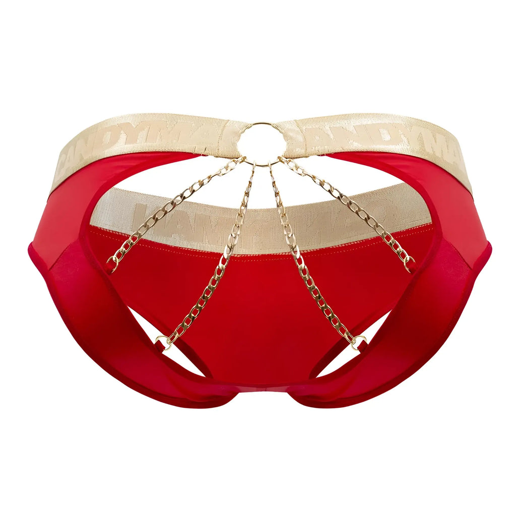 Red satin candyMan 99659 jock briefs with beige elastic waistband and gold chain detailing