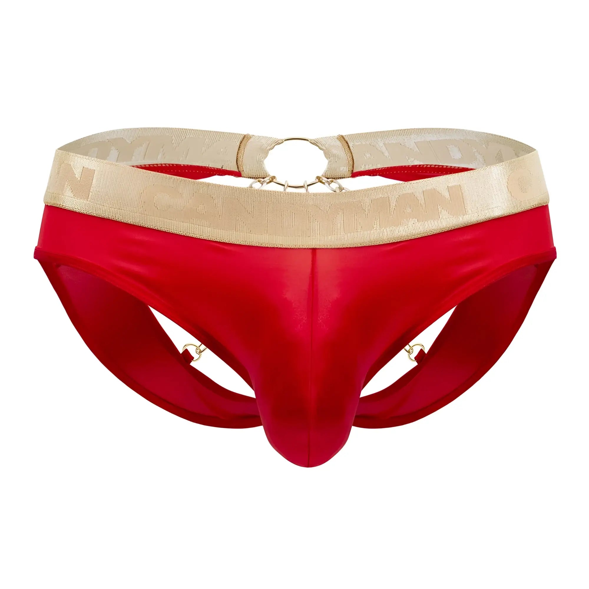 Red satin briefs candyman 99659 with gold patterned waistband and metallic ring accents for stylish wear