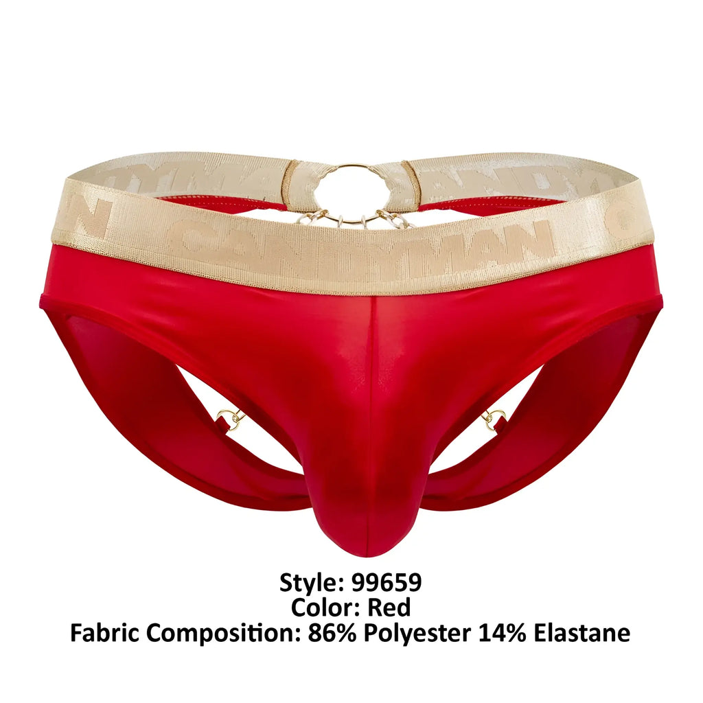CandyMan 99659 red satin jock briefs with beige patterned waistband and gold toned metal hardware front view