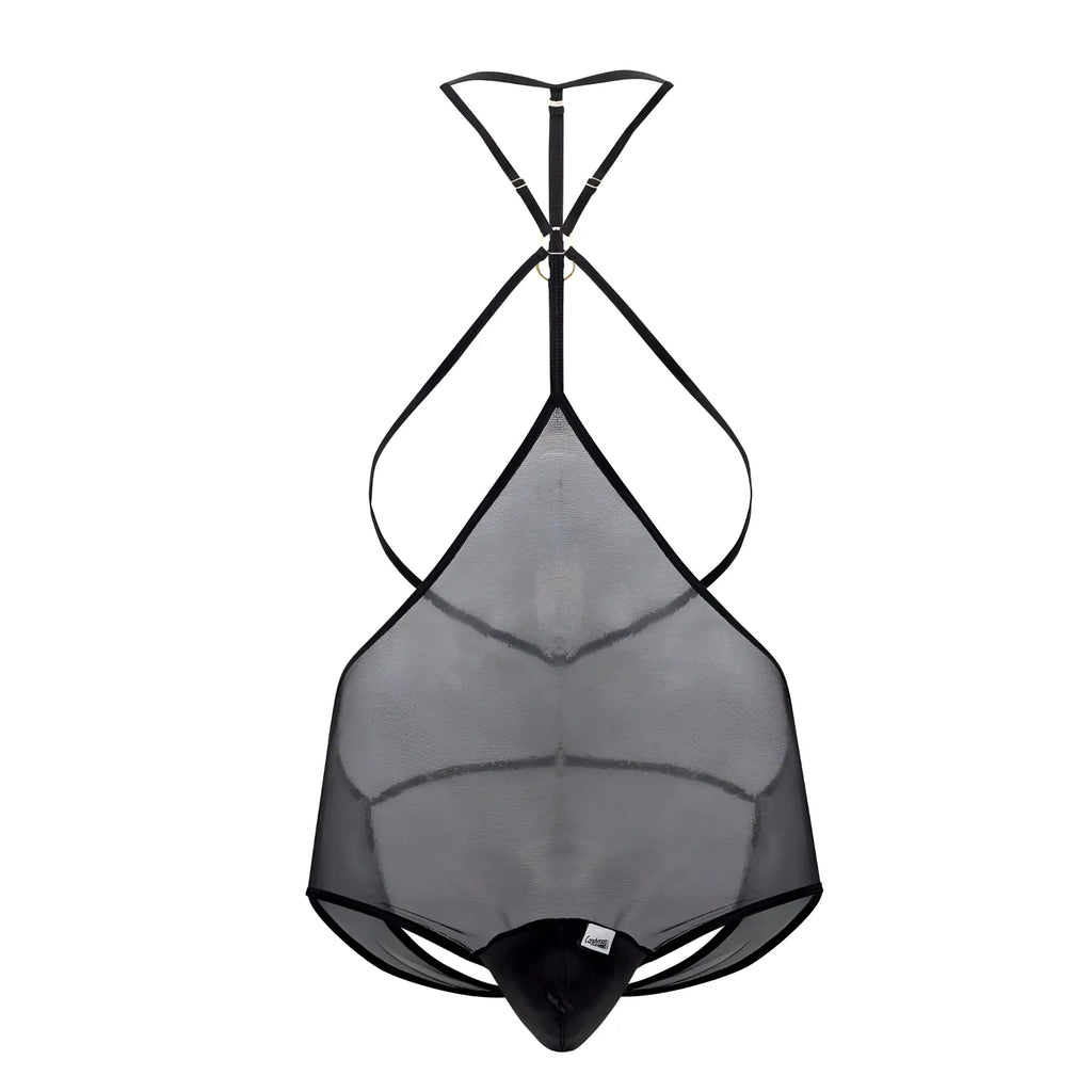 Black mesh tulle bodysuit with thin straps and crisscross back design shown from the back by candyman 99662x