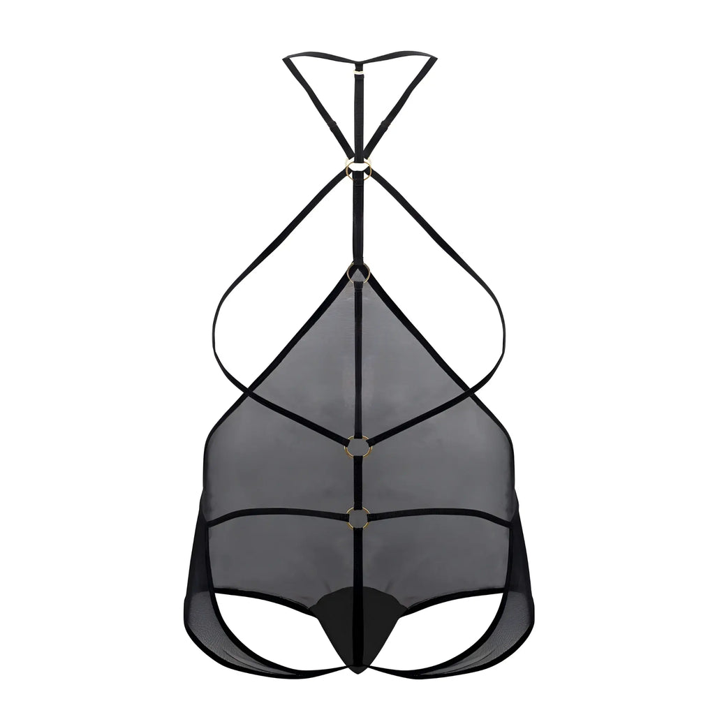 Black mesh tulle bodysuit with thin straps and metallic rings candyMan 99662X in black