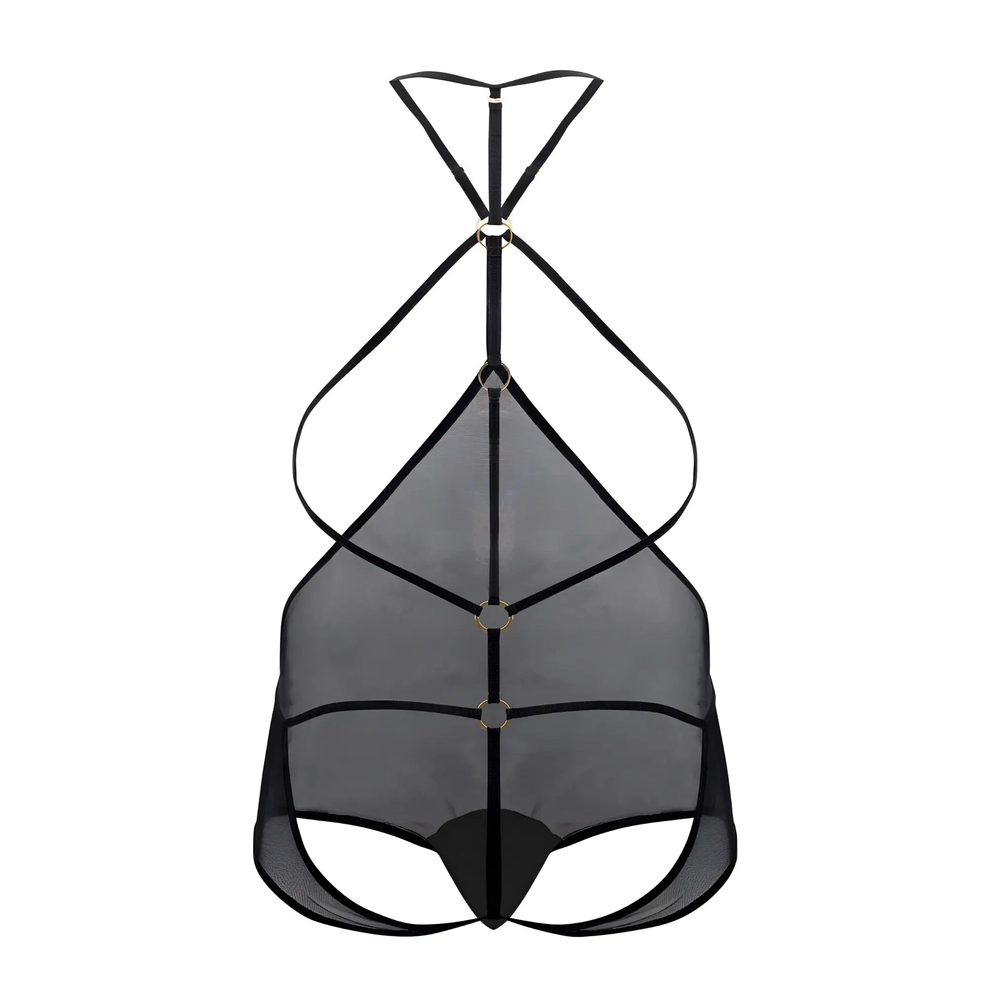 Black mesh tulle bodysuit with thin straps and metallic rings candyMan 99662X in black