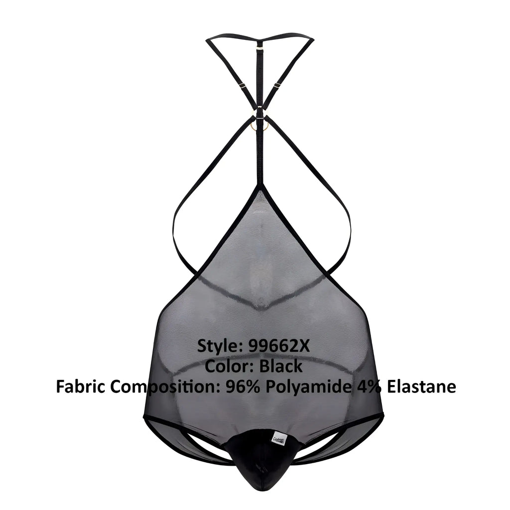 Black sheer mesh tulle bodysuit with black elastic straps and central metal clasp candyMan 99662X color black