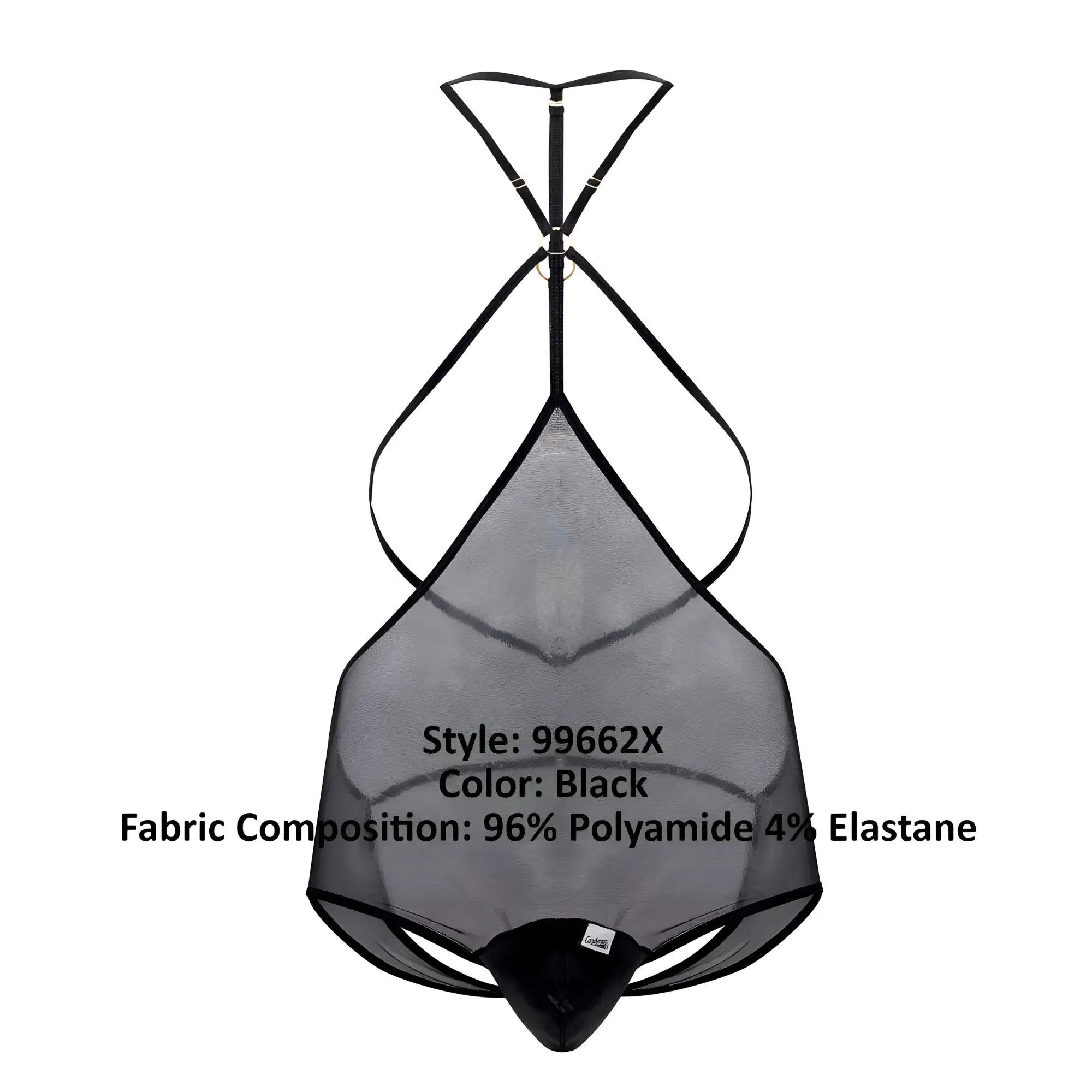 Black sheer mesh tulle bodysuit with black elastic straps and central metal clasp candyMan 99662X color black