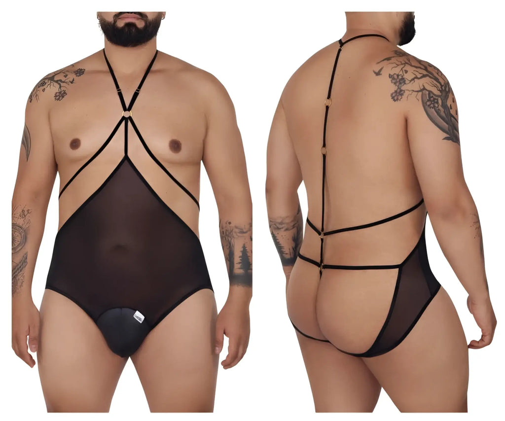 Black candyMan 99662X tulle bodysuit sheer mesh with black elastic straps and gold-toned hardware accents