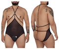 Black candyMan 99662X tulle bodysuit sheer mesh with black elastic straps and gold-toned hardware accents