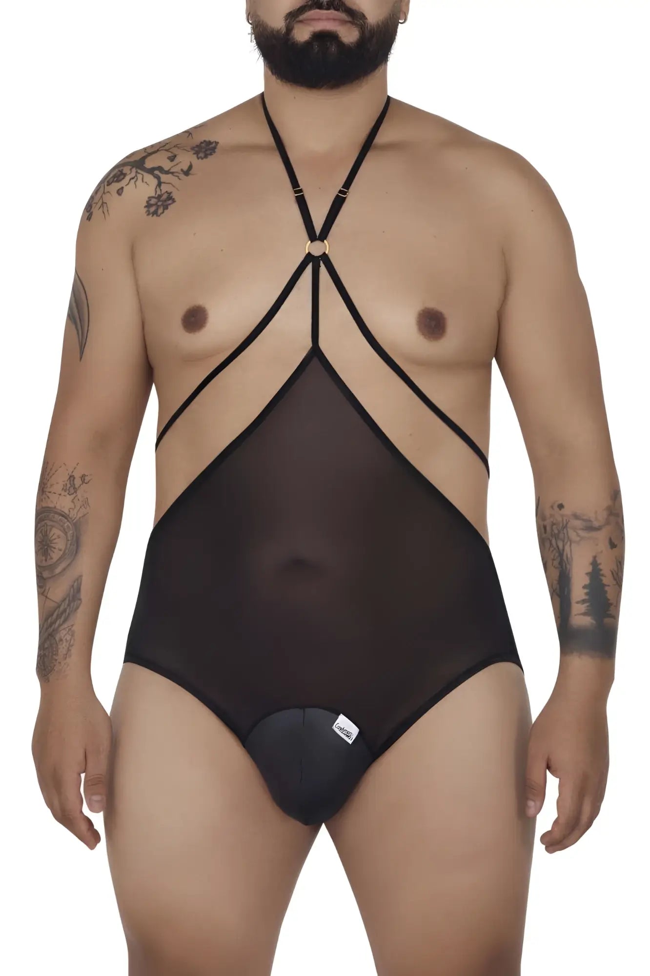 CandyMan 99662X black sheer mesh one-piece swimsuit with strappy crisscross straps and gold circular clasp at neckline