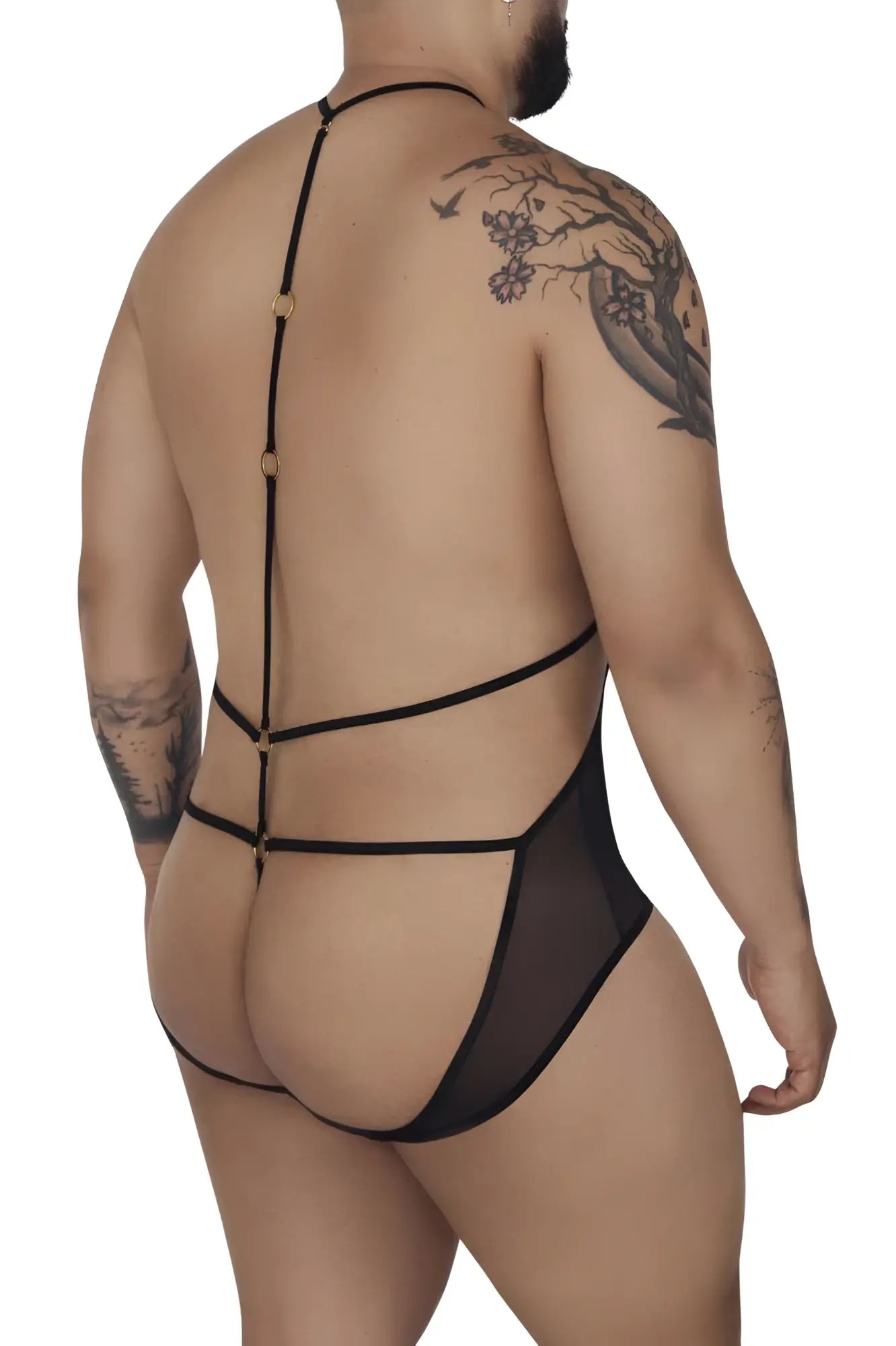 Black sheer tulle bodysuit candyMan 99662X with back strap design and gold-toned hardware detailing