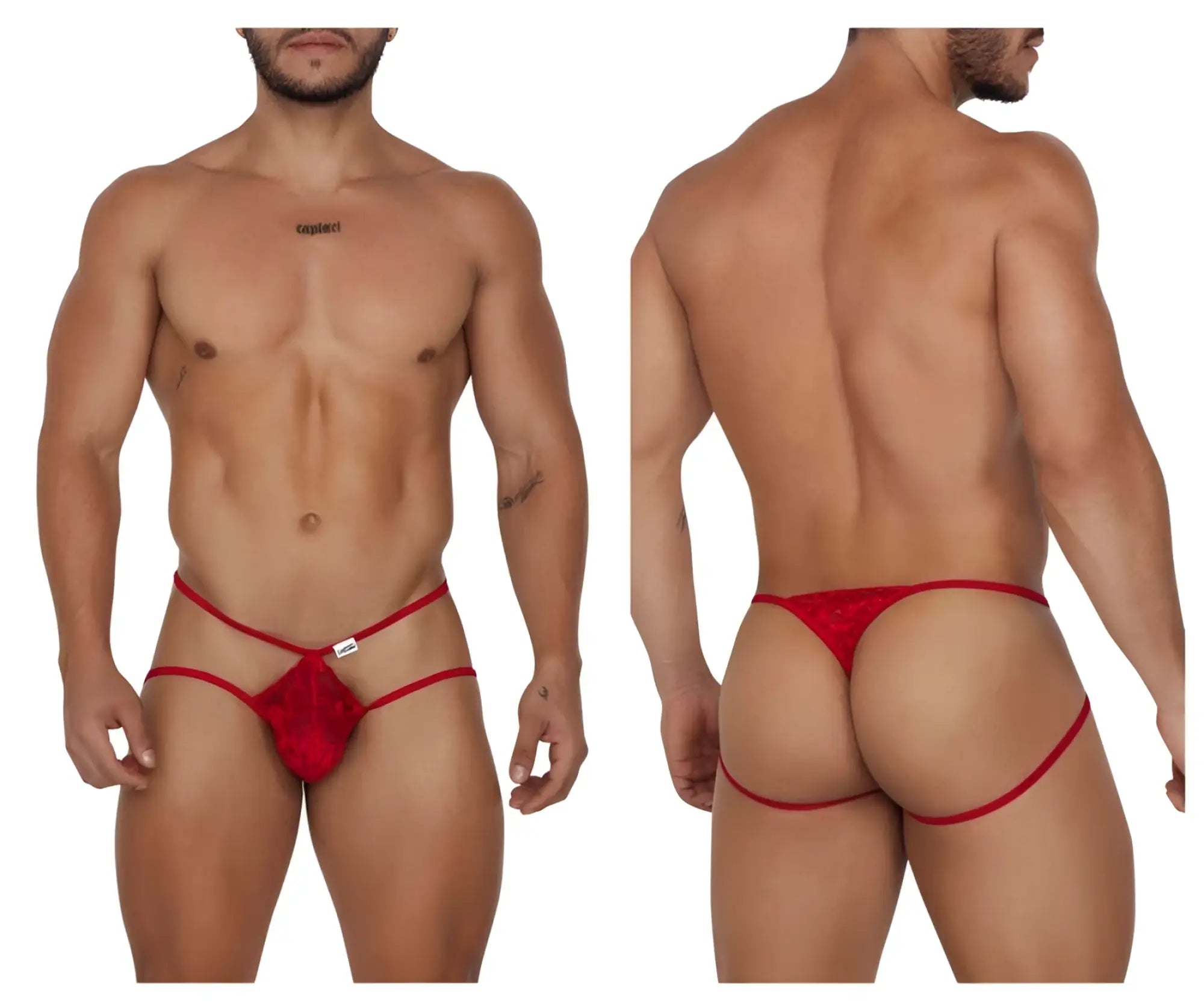 Red lace CandyMan 99668 jock thong with thin elastic straps and central decorative panel front view