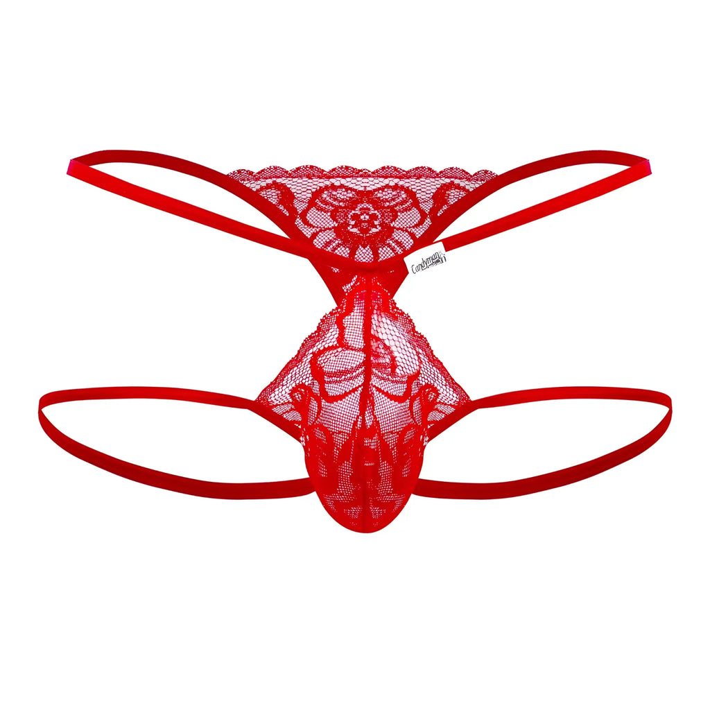 Red lace thong with floral pattern and thin elastic straps from candyman 99668 jock thongs in red color