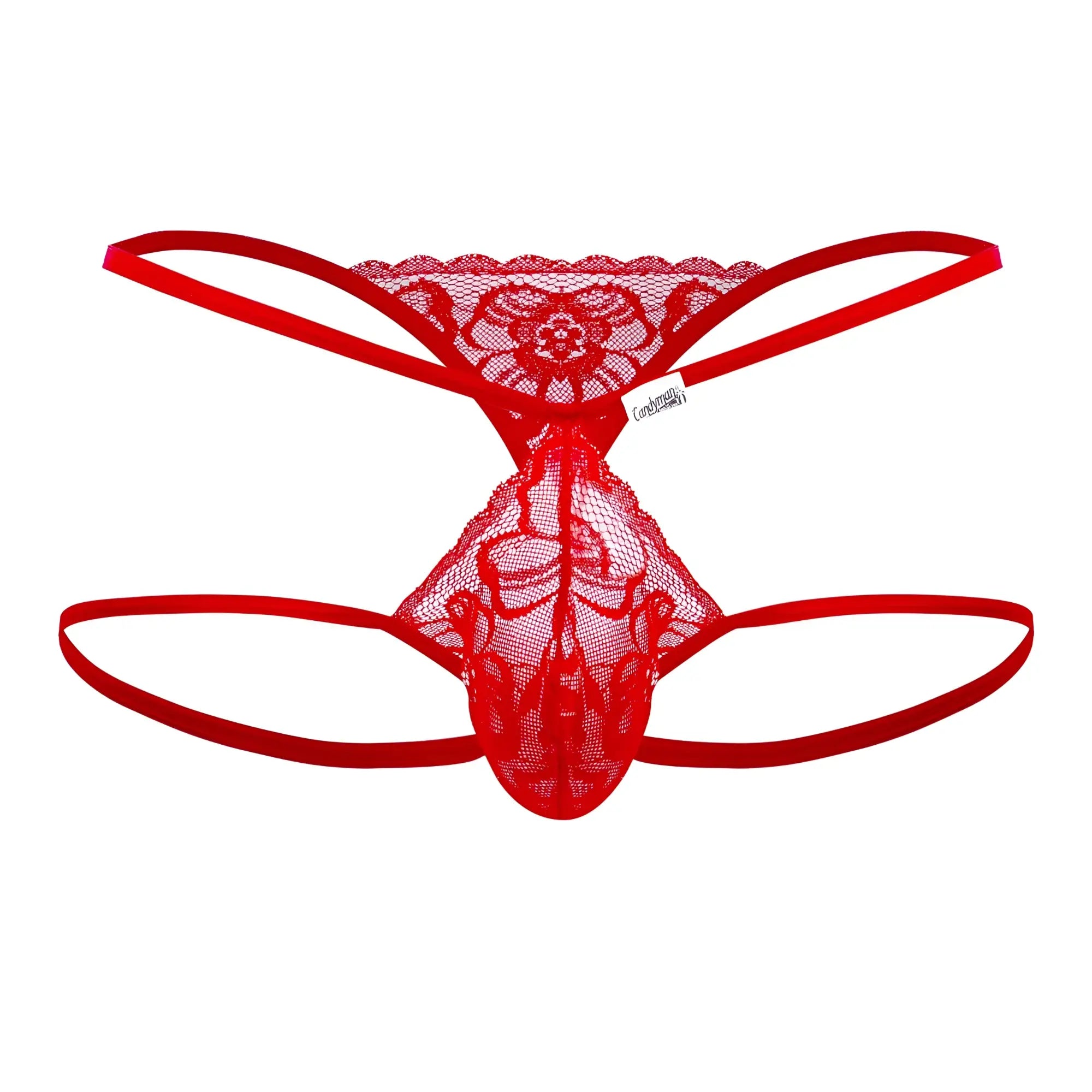Red lace thong with floral pattern and thin elastic straps from candyman 99668 jock thongs in red color
