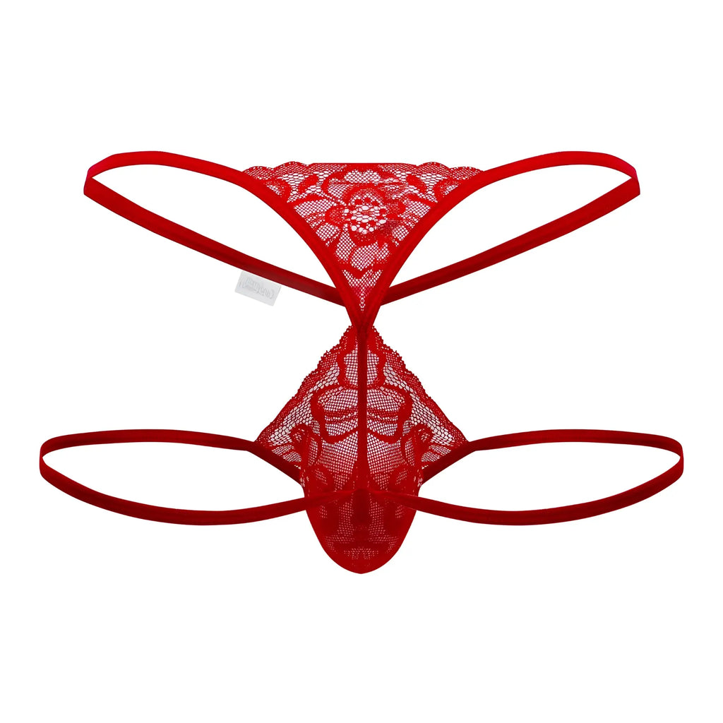 CandyMan 99668 red lace thong with floral pattern and thin elastic straps shown from the back side