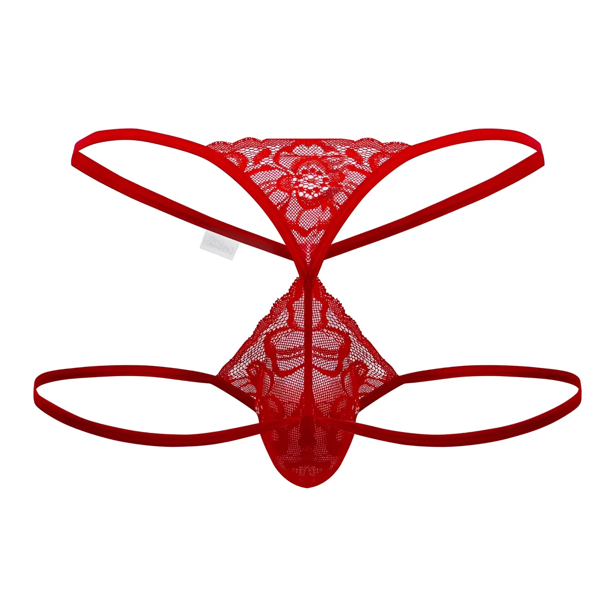 CandyMan 99668 red lace thong with floral pattern and thin elastic straps shown from the back side