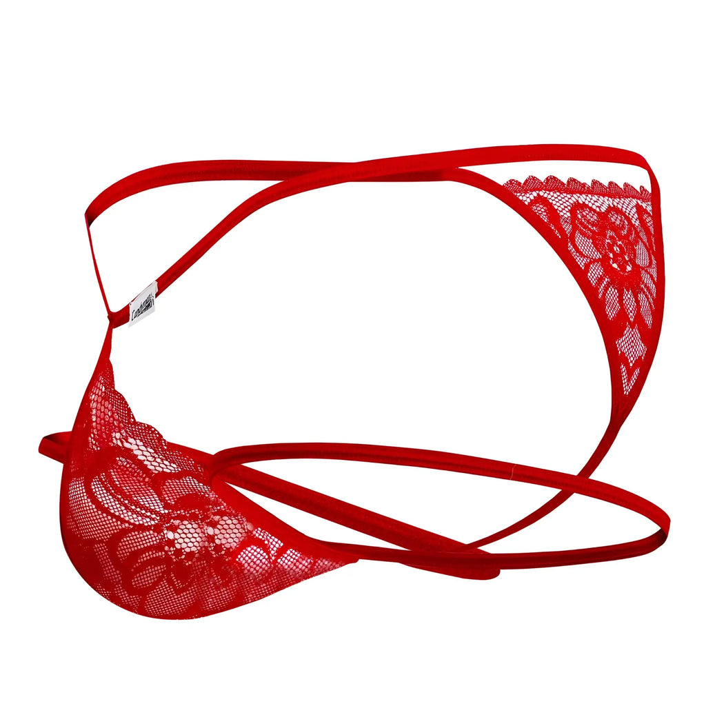 Red lace thong candyMan 99668 with floral patterns and thin elastic straps in red showing front side