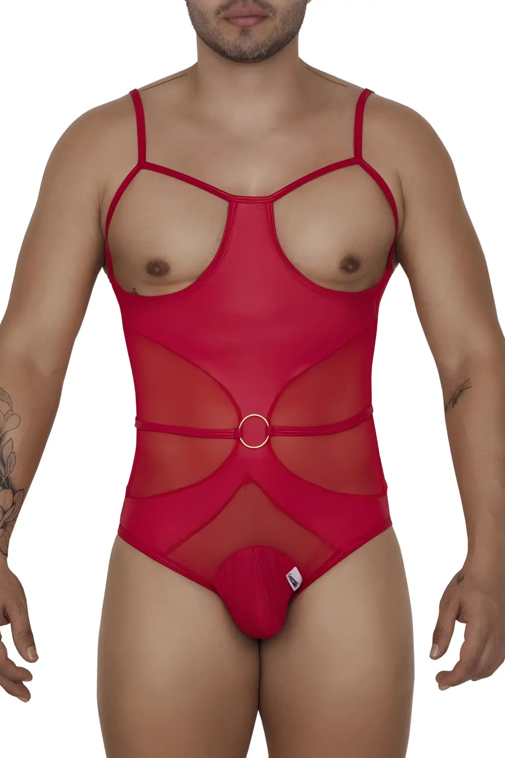 Red sheer mesh CandyMan 99670 harness bodysuit with thin straps and central circular ring detail