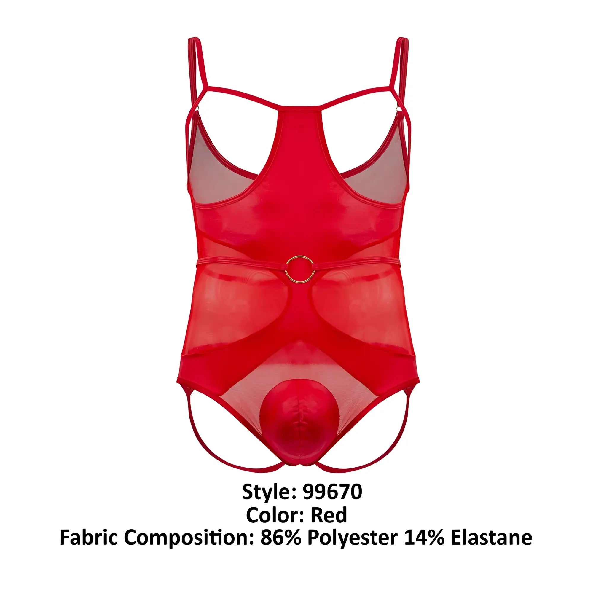 Red sheer mesh candyMan 99670 harness bodysuit with thin straps and circular metal buckle at the waist
