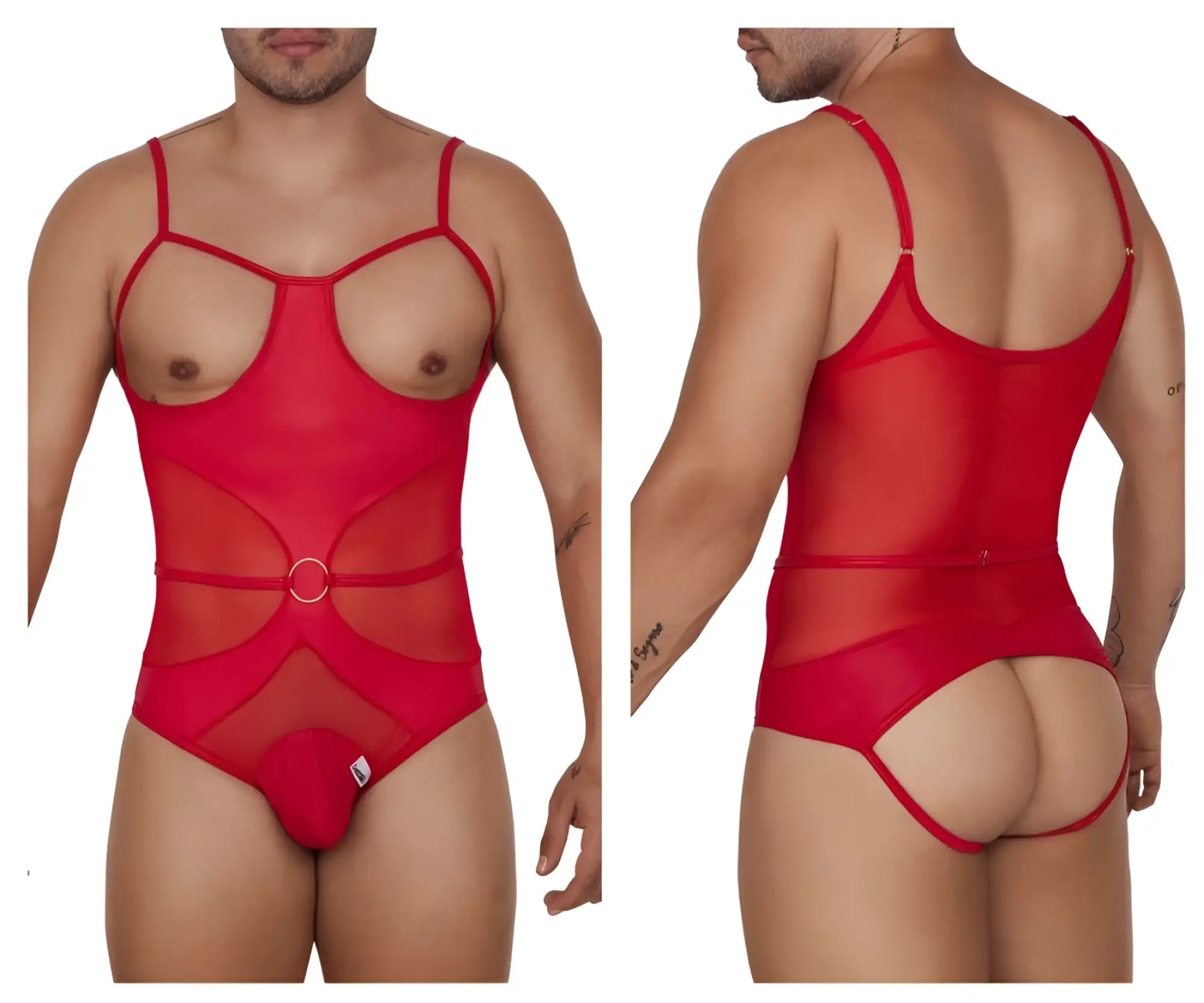 Red sheer mesh harness bodysuit with thin straps and circular metal buckle at waist by candyman in red