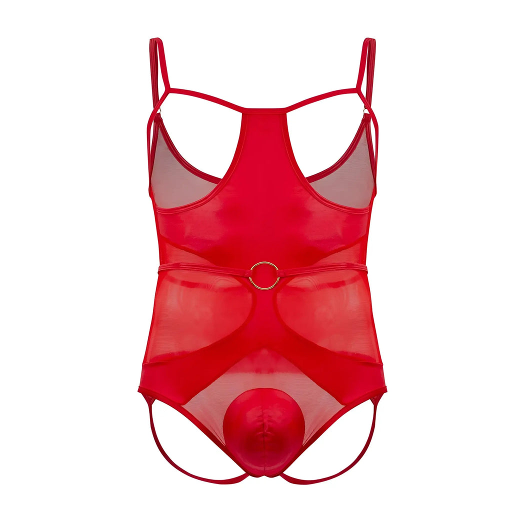 Red sheer mesh candy man 99670 harness bodysuit with thin straps and gold toned circular belt buckle