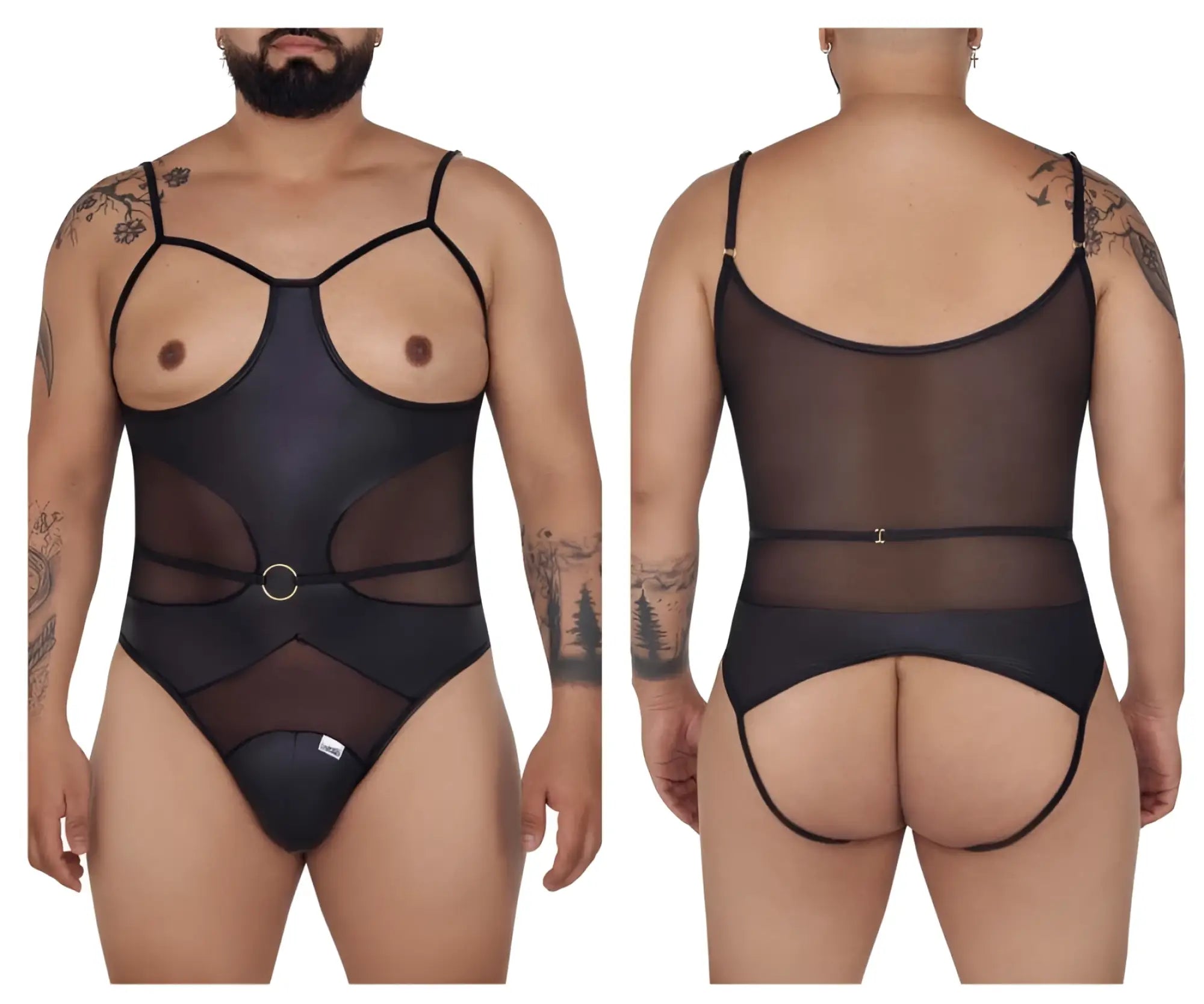 CandyMan 99670X harness bodysuit in black sheer mesh with opaque panels and thin straps for an edgy look
