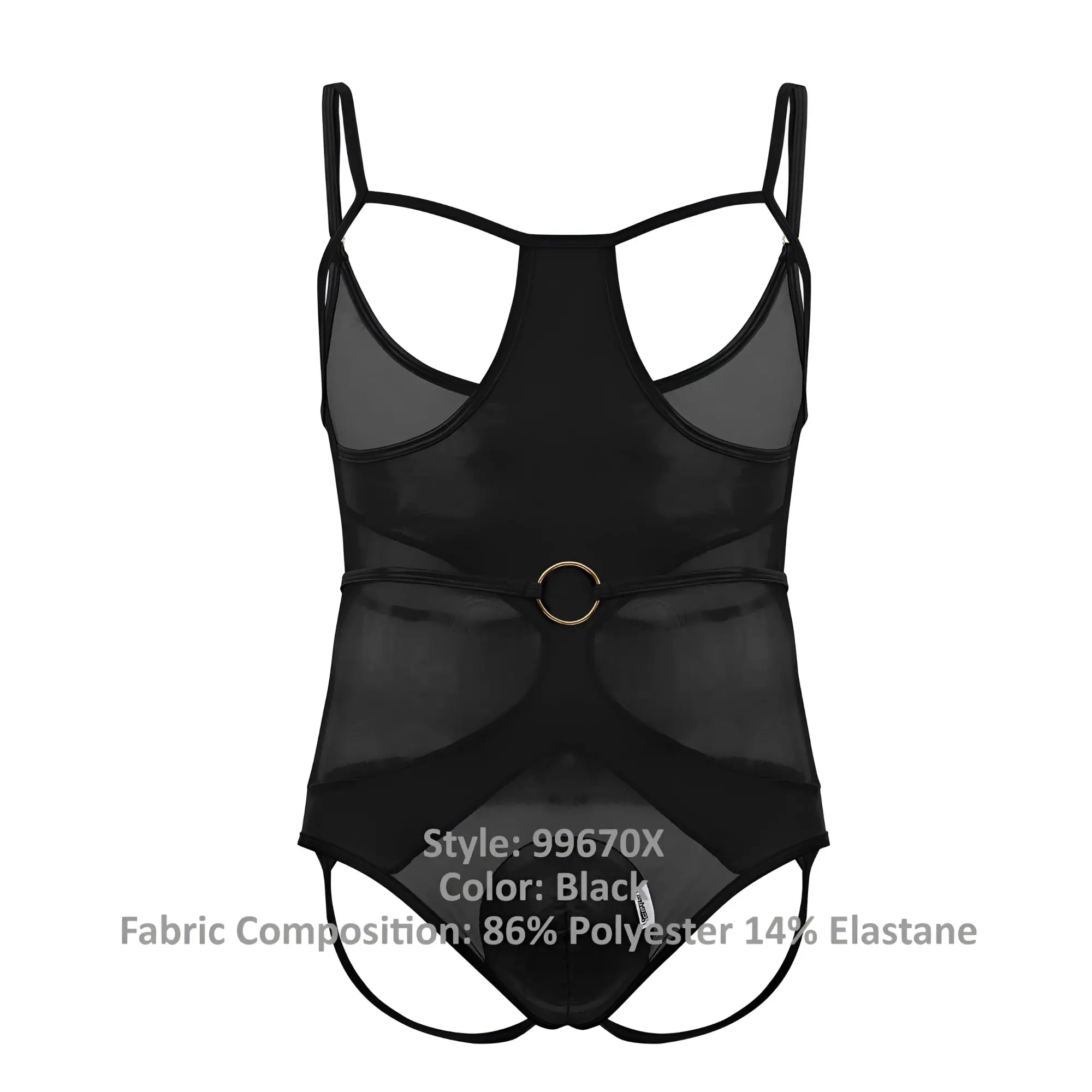 Black sheer mesh one-piece swimsuit with thin straps and gold circular buckle at the waist by candyman