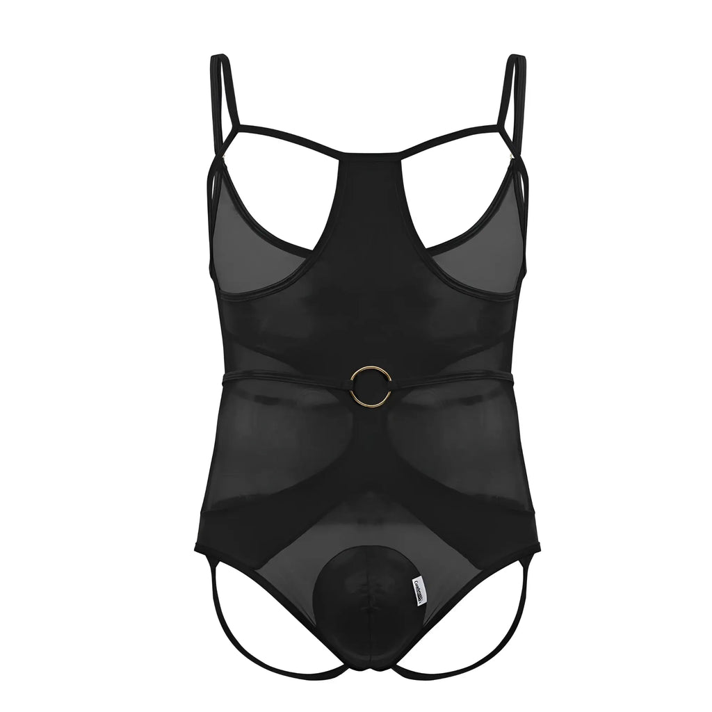 Black sheer mesh CandyMan 99670X harness bodysuit with thin straps and gold circular buckle at the waist