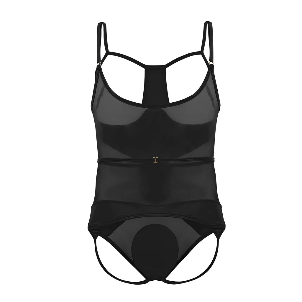 Black sheer CandyMan 99670X harness bodysuit with thin straps and central gold-tone buckle at the waist