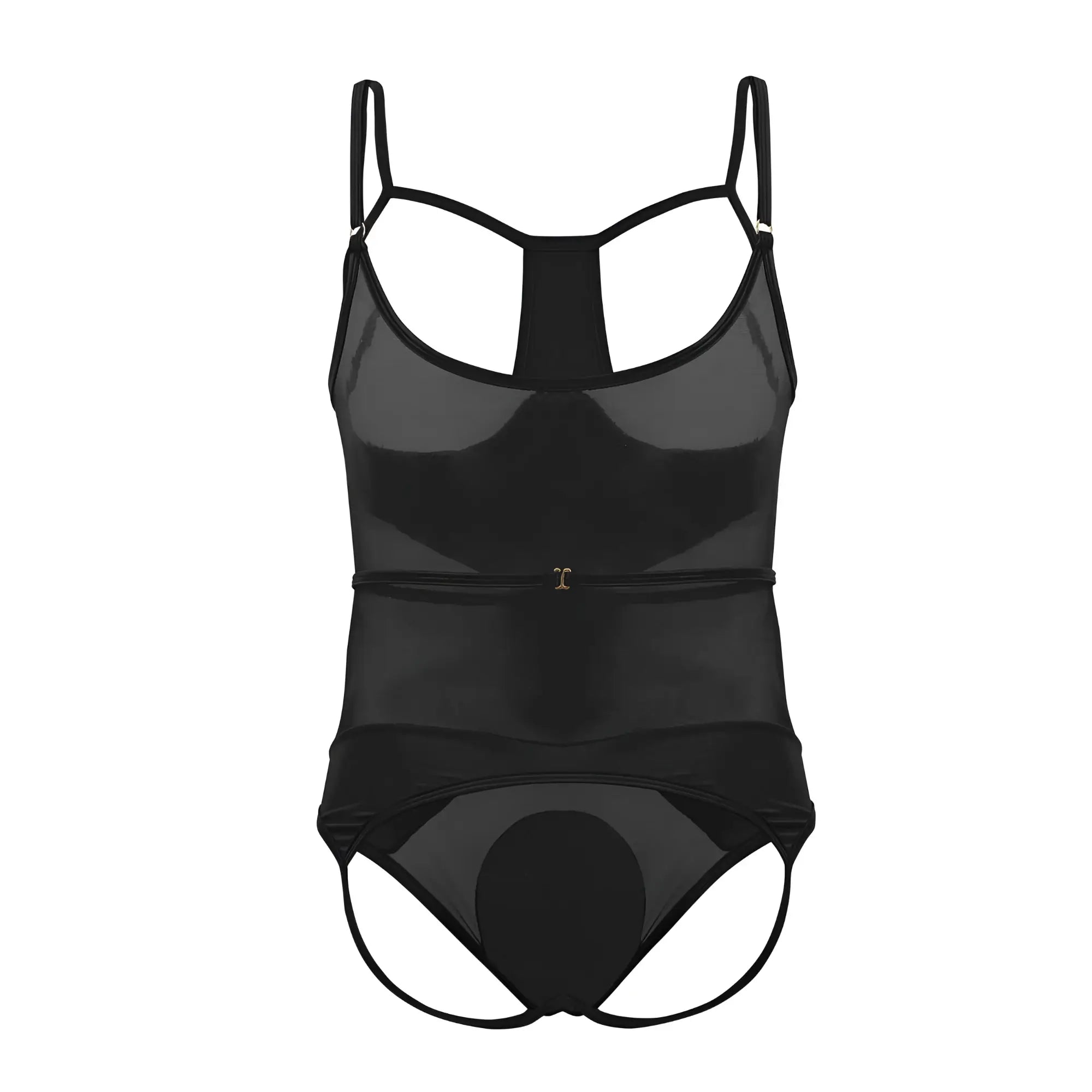 Black sheer CandyMan 99670X harness bodysuit with thin straps and central gold-tone buckle at the waist