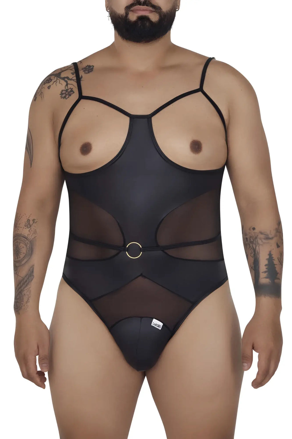 Black sheer candy man 99670x harness bodysuit with thin straps and gold circular buckle at the waist