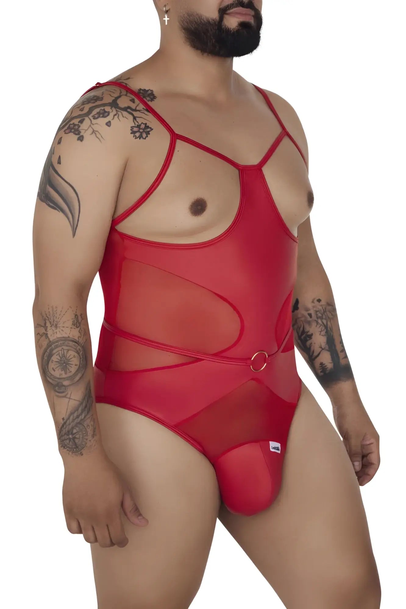 Candyman 99670X harness bodysuit in red sheer mesh with red opaque panels and silver ring buckle at the waist