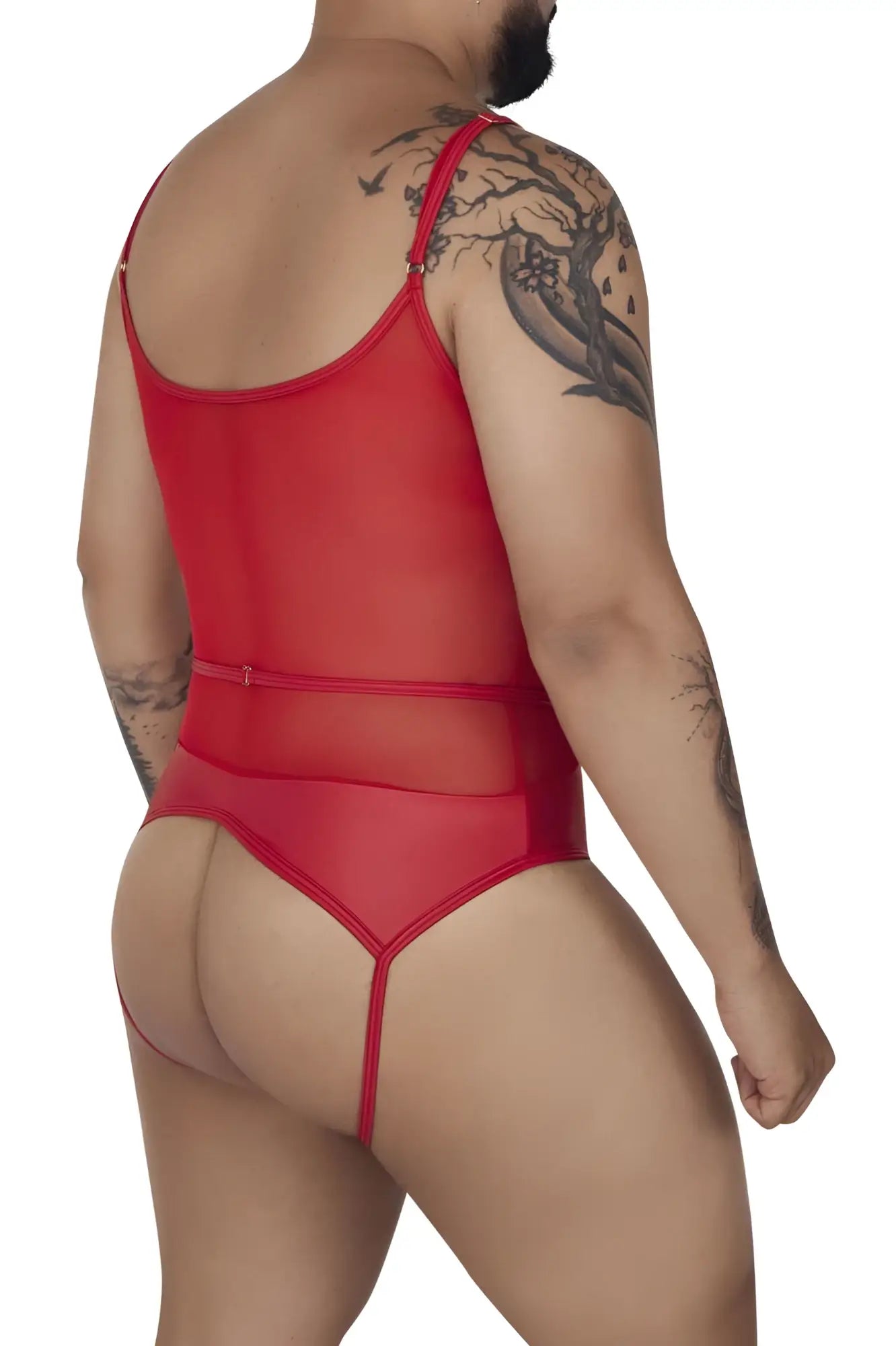 Red sheer mesh one-piece bodysuit with thin straps and back zipper candyMan 99670X harness bodysuit color red back view