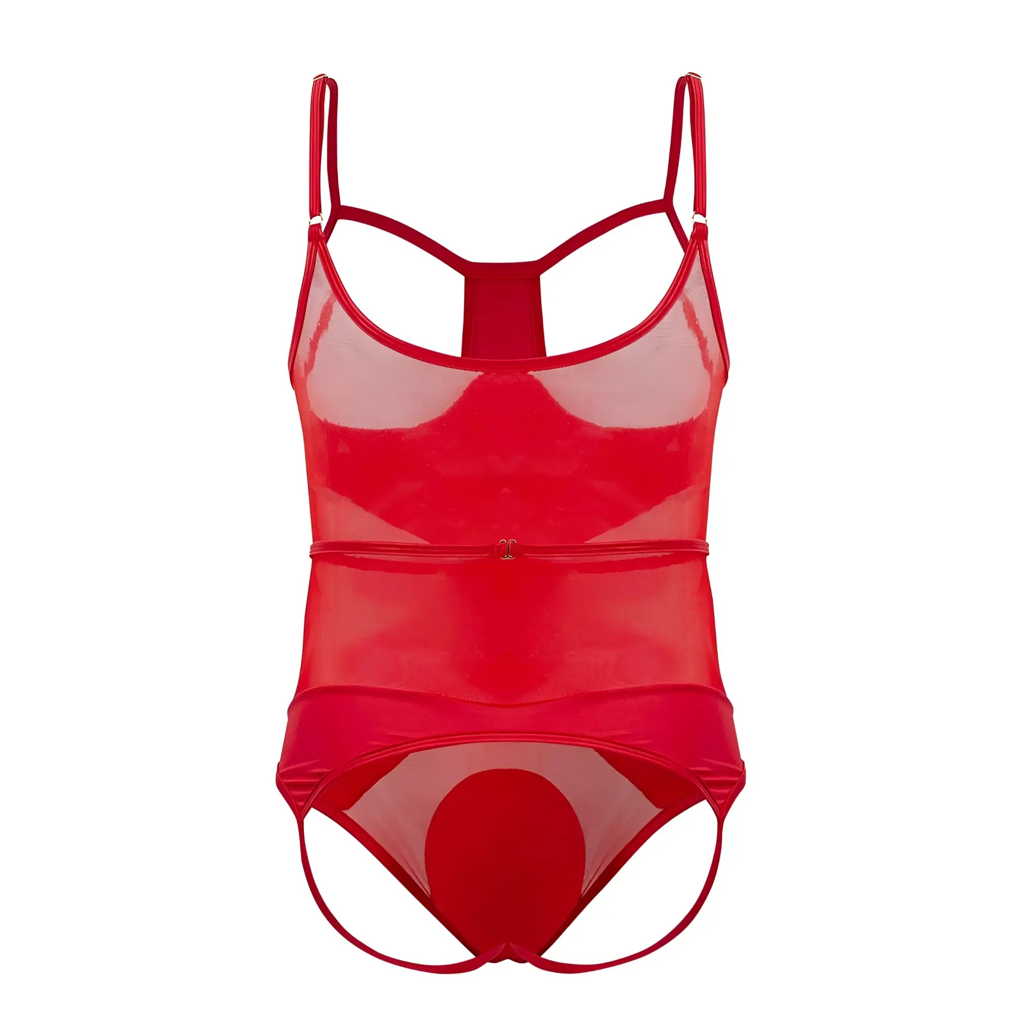 Red sheer mesh one-piece swimsuit with thin straps and central zipper candyMan 99670X harness bodysuit color red