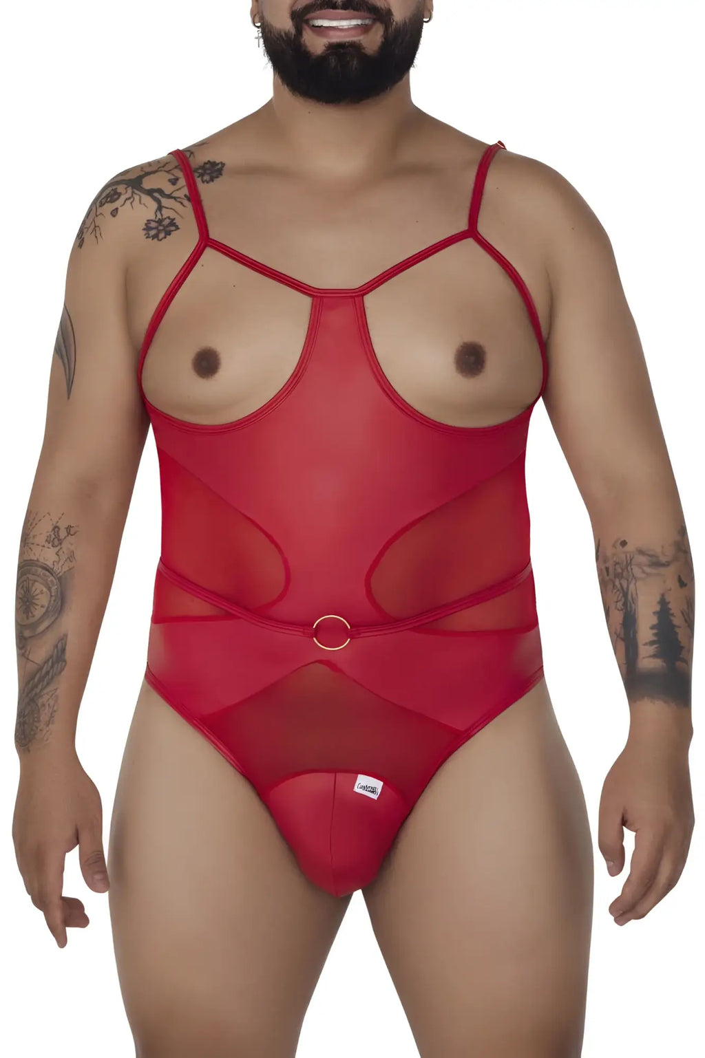 Candyman 99670x harness bodysuit in red sheer mesh with thin straps and circular metal buckle at the waist