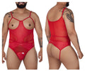 Red CandyMan 99670X harness bodysuit in sheer mesh with thin straps and circular metal buckle at the waist
